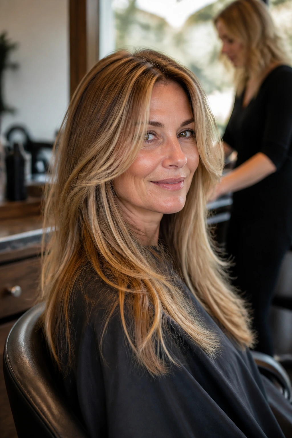 Portrait of a real woman in a salon chair considering a hairstyle
