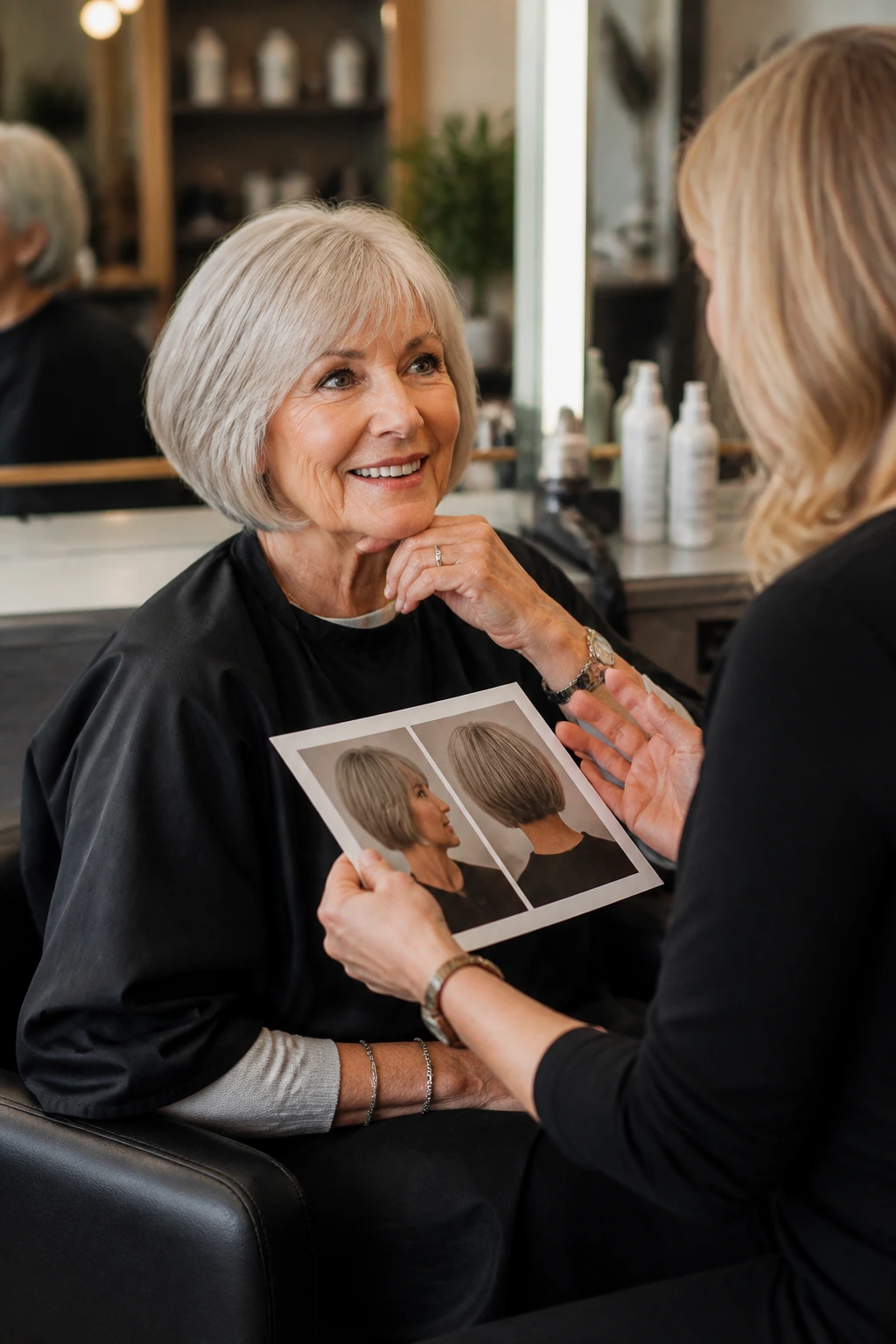Real client in a salon chair discussing cut options with a stylist