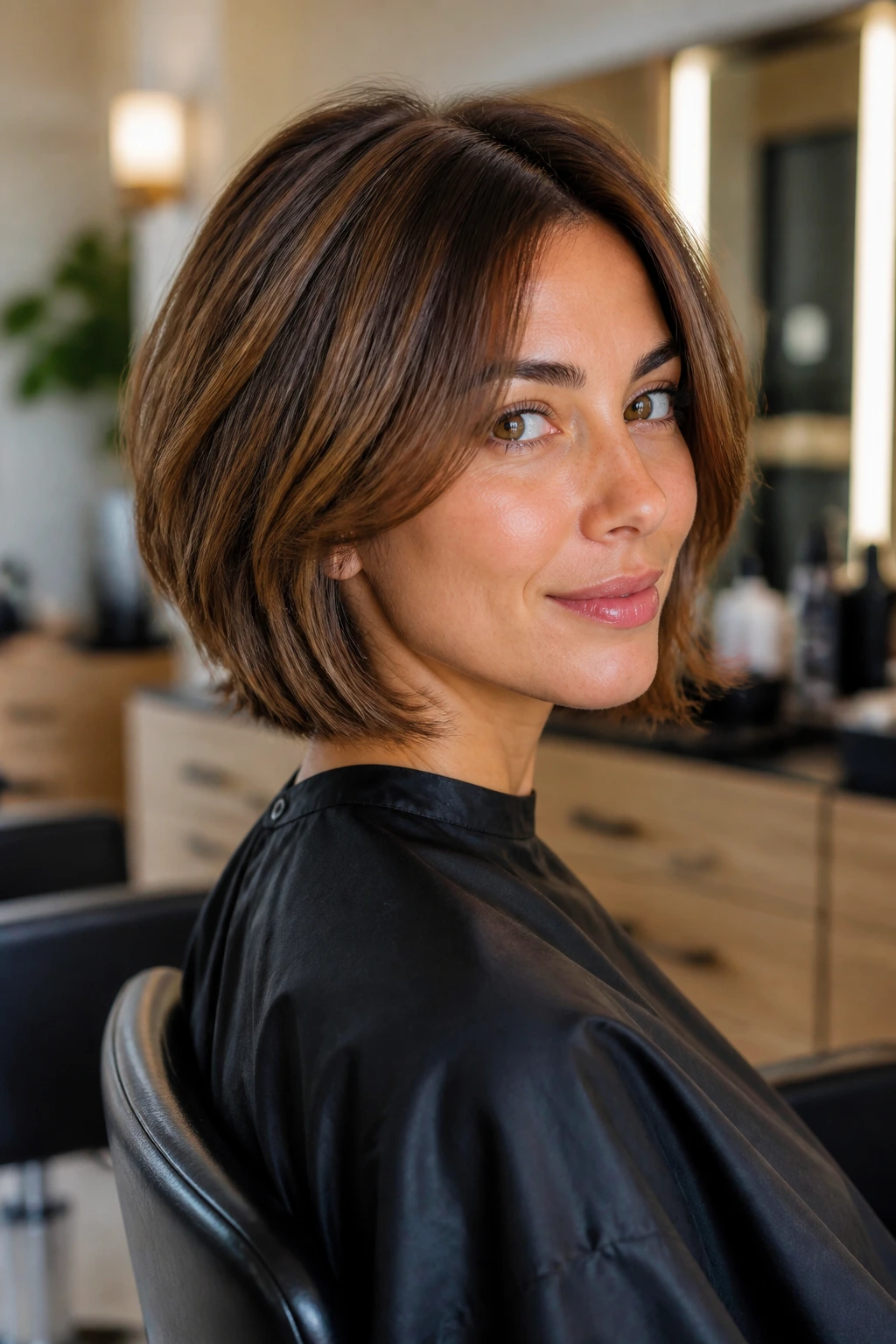 Client in a salon chair discussing a layered bob with a stylist out of frame