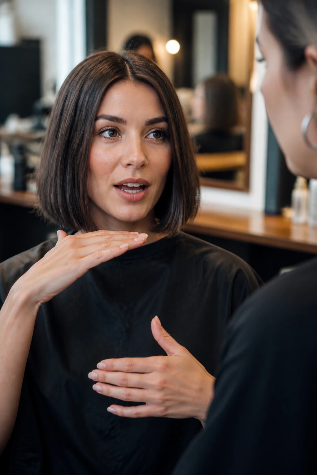 Portrait of a person in a salon chair discussing haircut length and weight with a stylist