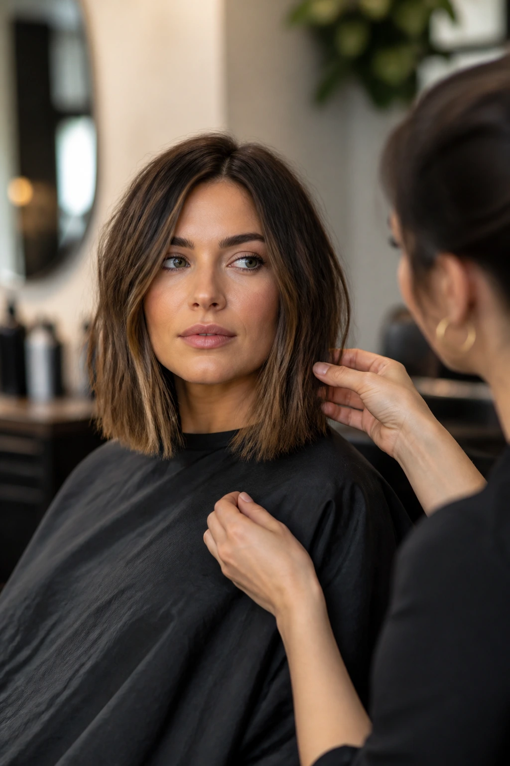 Close-up portrait of a woman in a salon discussing lob length with her stylist; warm lighting, natural look.