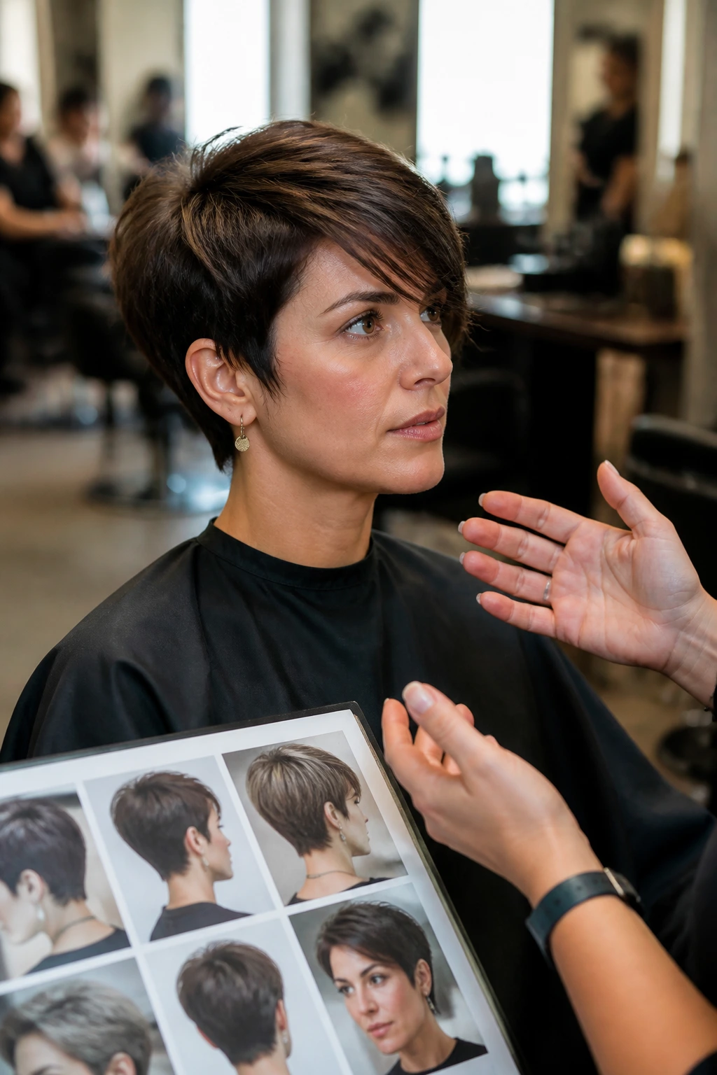 Close-up of client in salon chair during consultation with stylist discussing shape