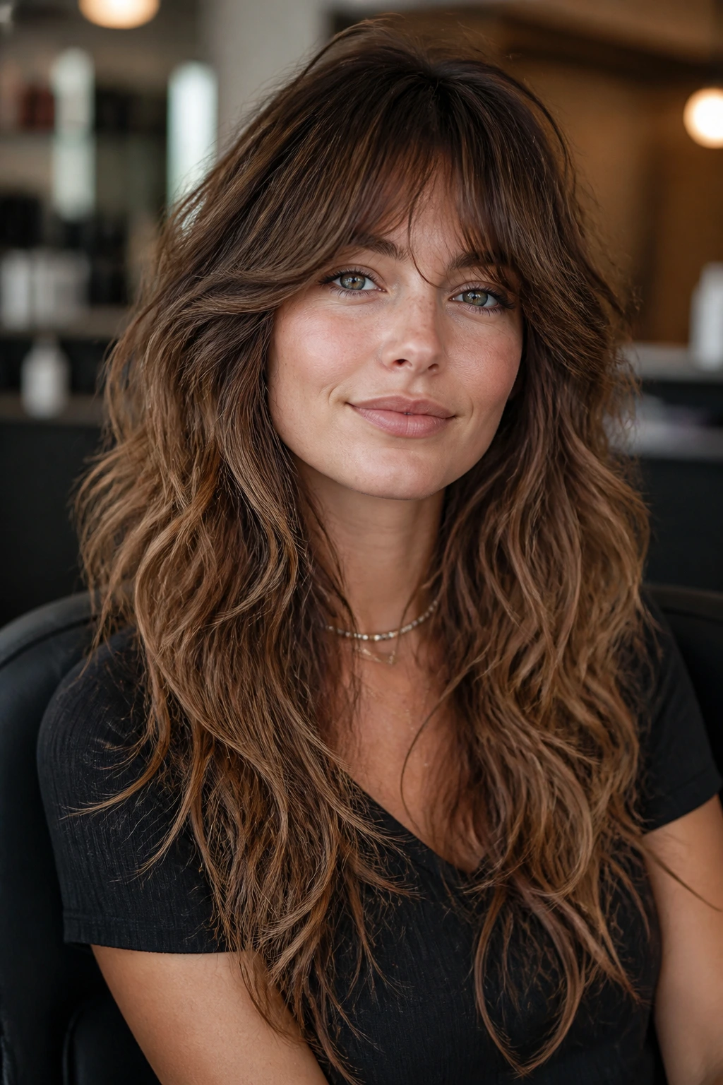 Real client in a salon chair with long shag hairstyle.