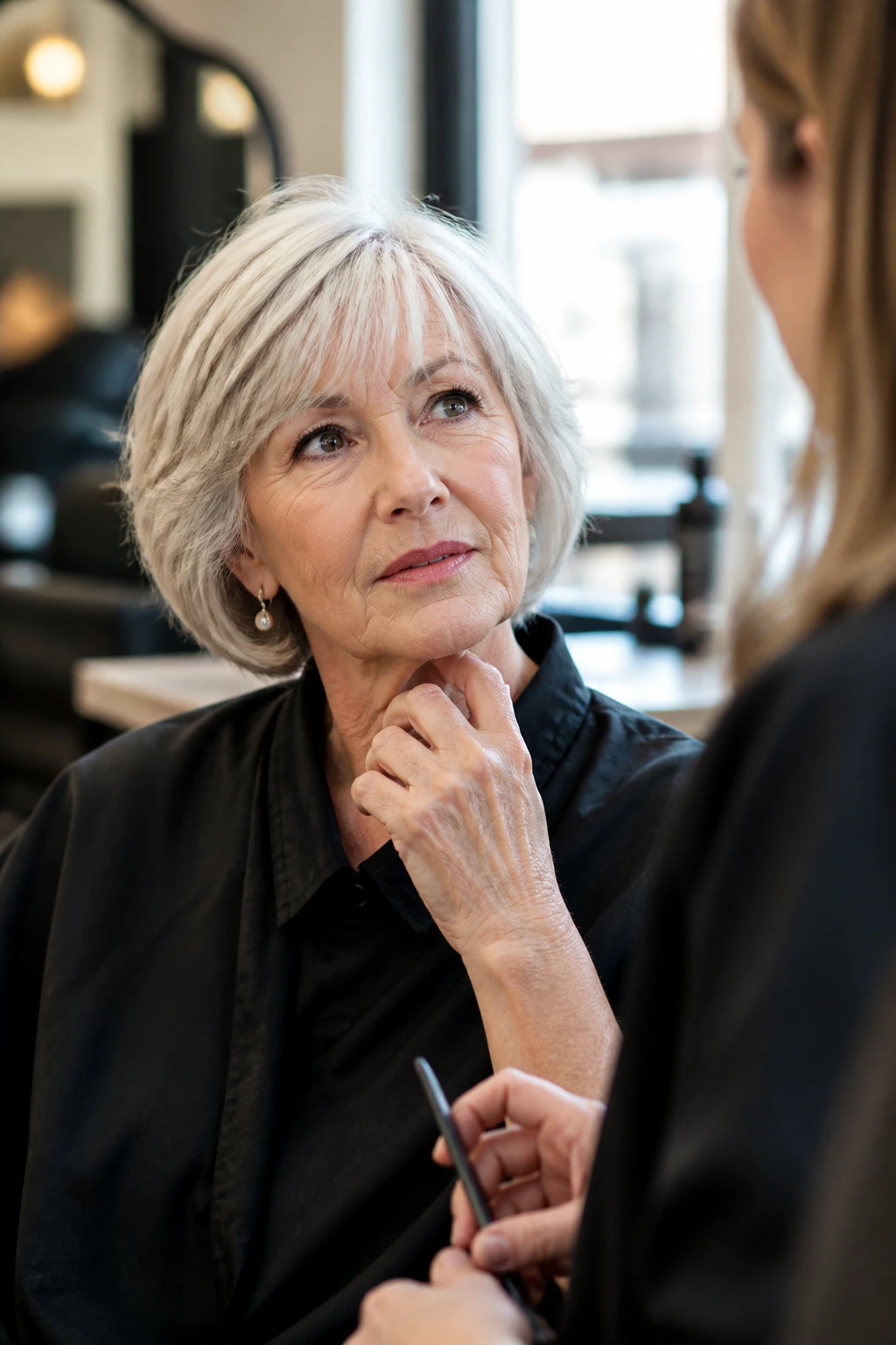 Mature woman in a salon chair thoughtful during haircut consultation
