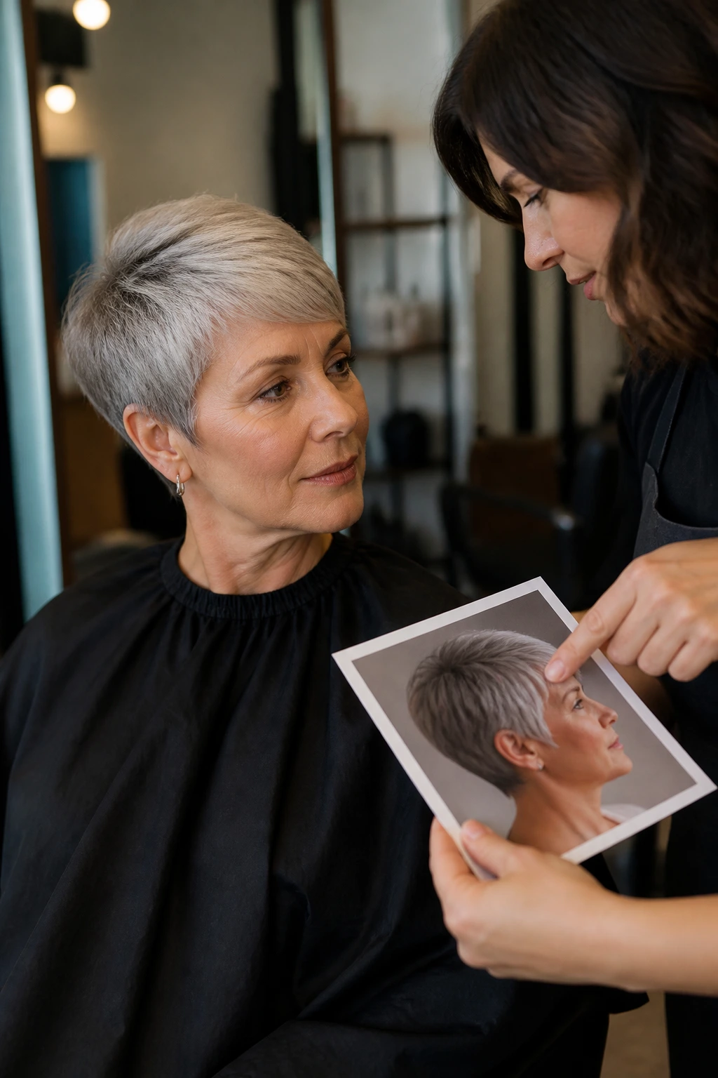Real woman in a salon chair discussing hairstyle with a stylist, reference photos in hand