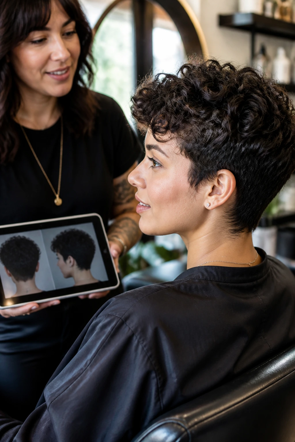 Real client in salon discussing pixie shape with stylist, side view