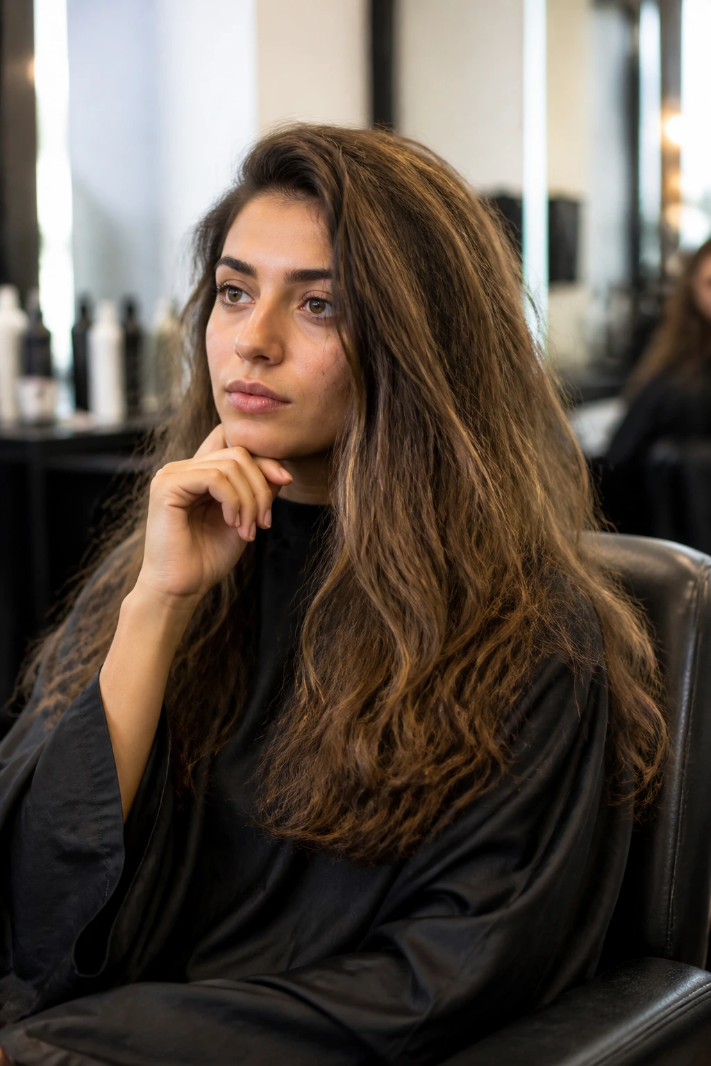 Portrait of a real person in a salon chair with a thoughtful expression before a haircut.