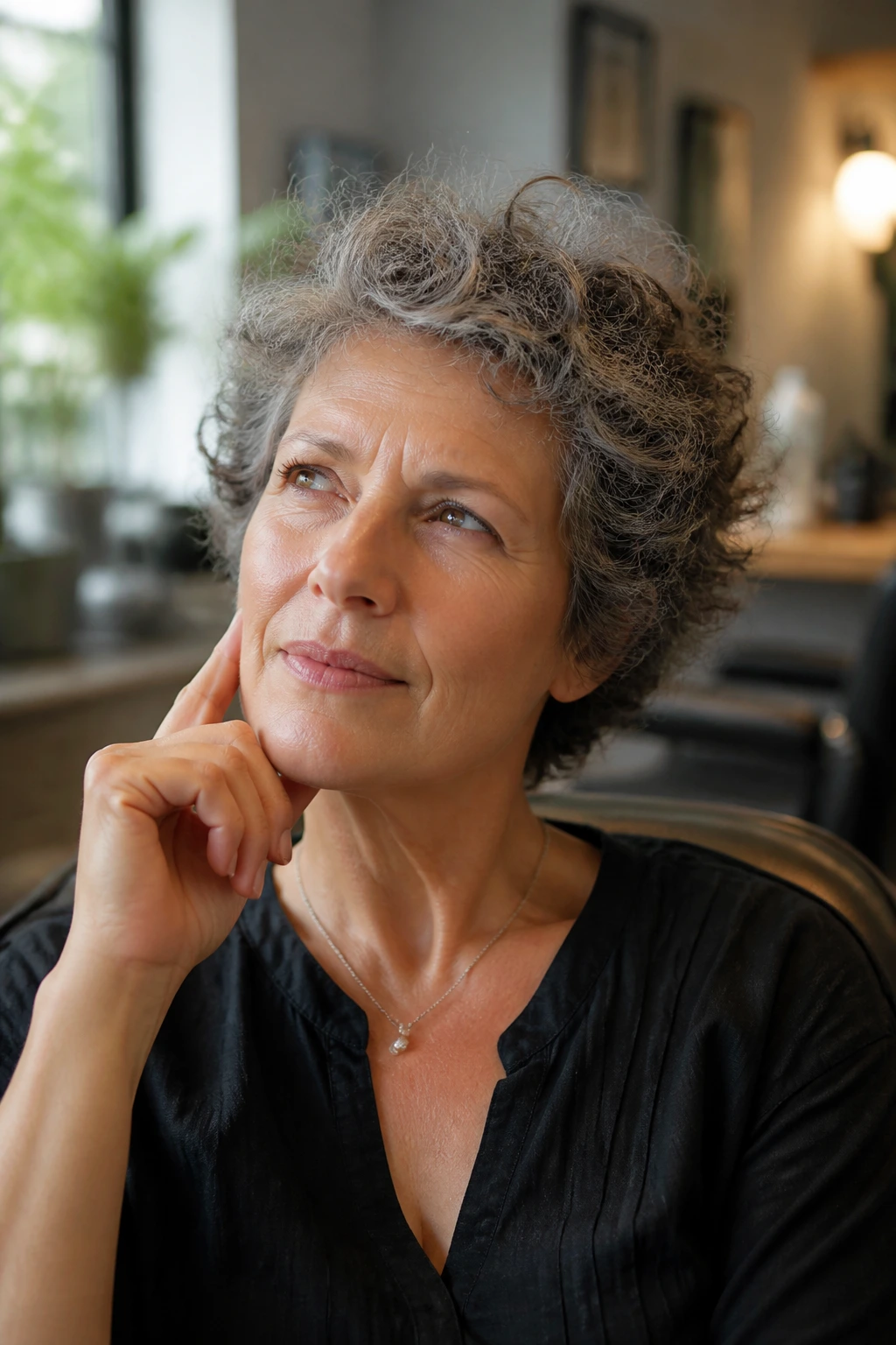Close-up portrait of a thoughtful person in a salon chair considering questions before booking.