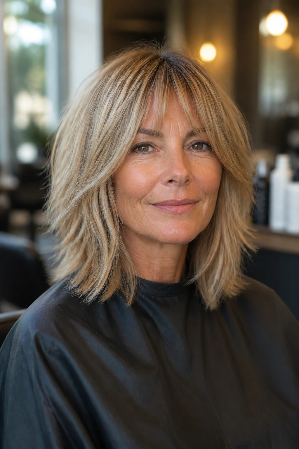 Close-up portrait of a real woman in a salon chair with warm lighting