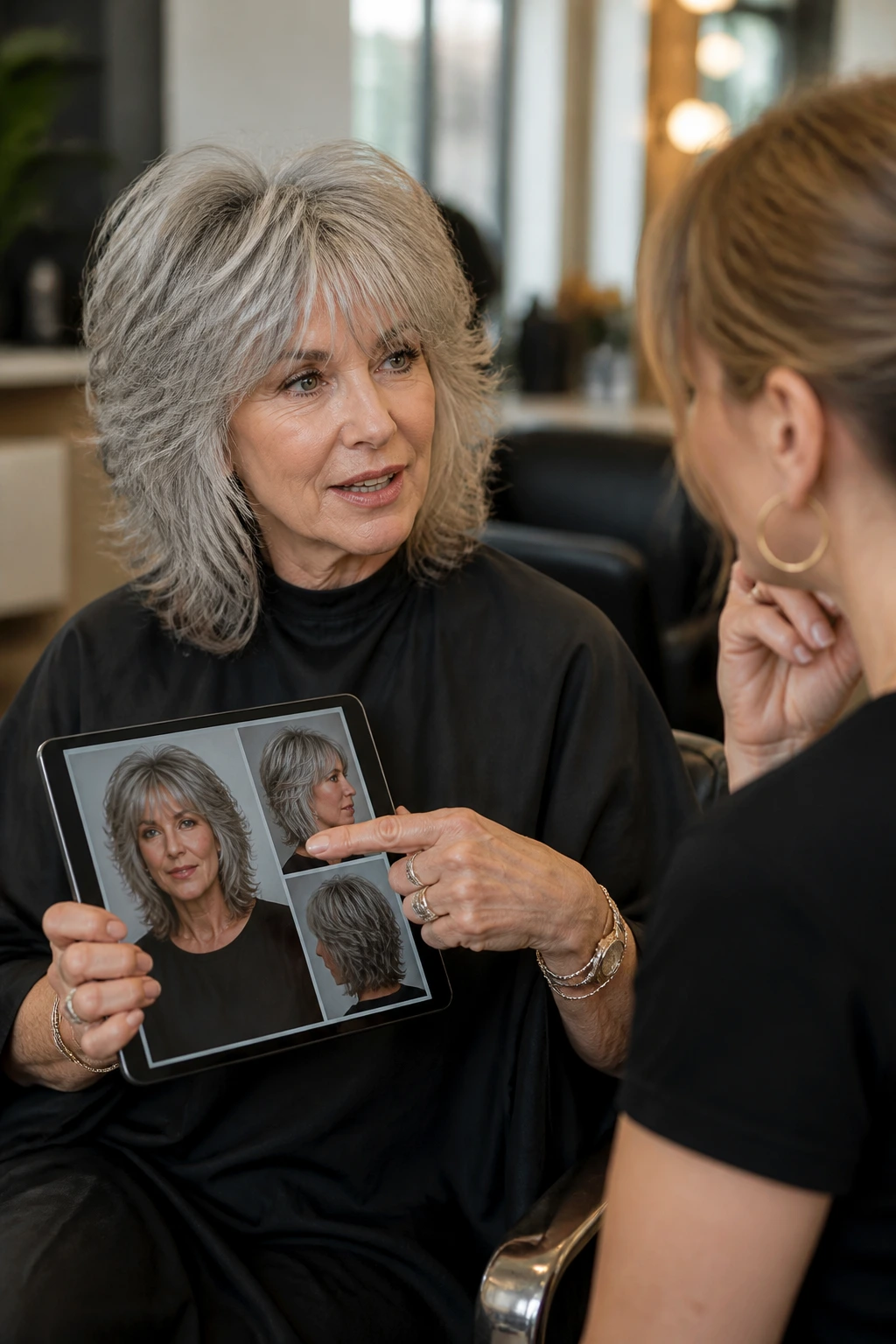Older woman in a salon chair discussing rocker shag haircut with stylist