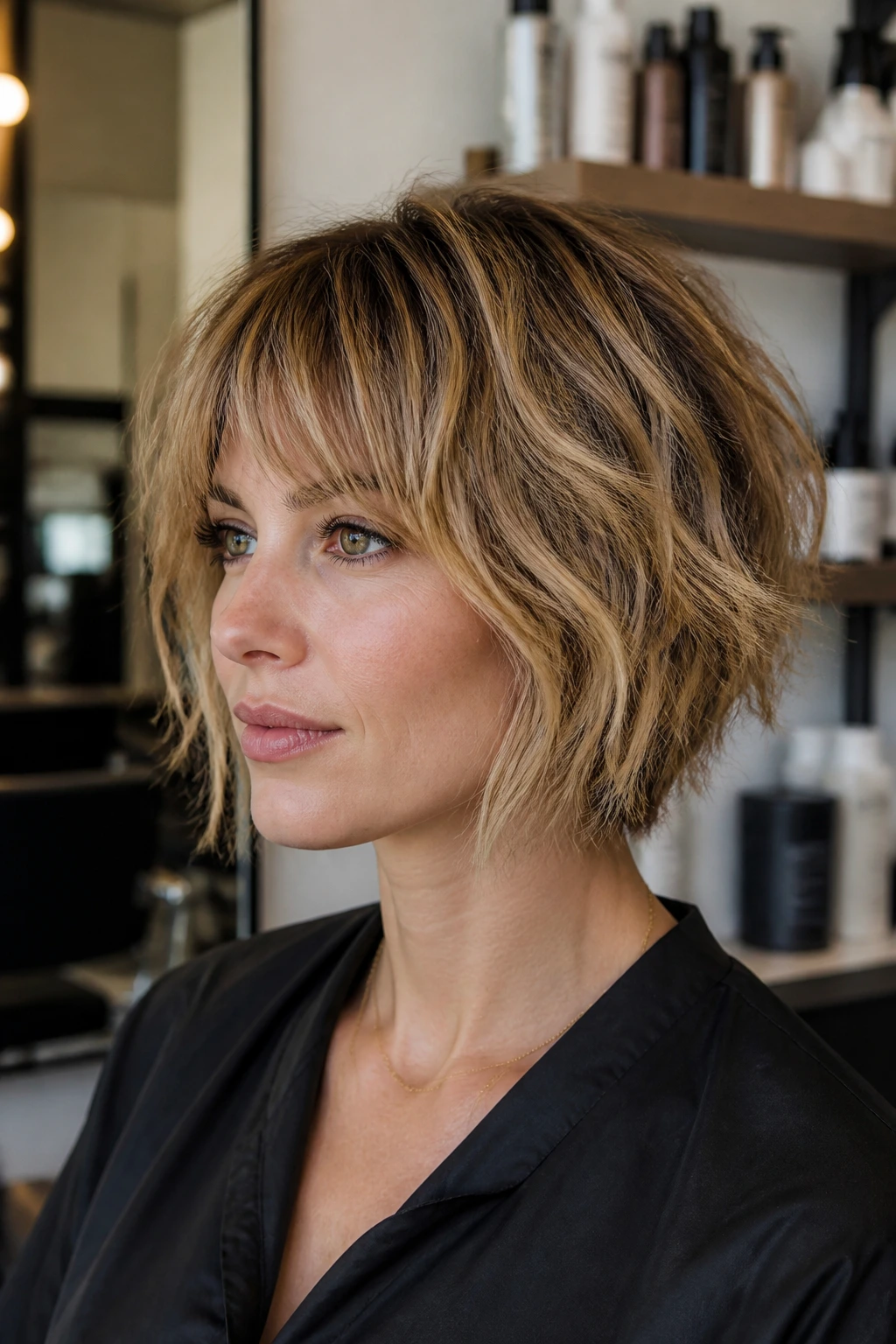 Portrait of a real person in a salon chair during consultation about shaggy bob and products