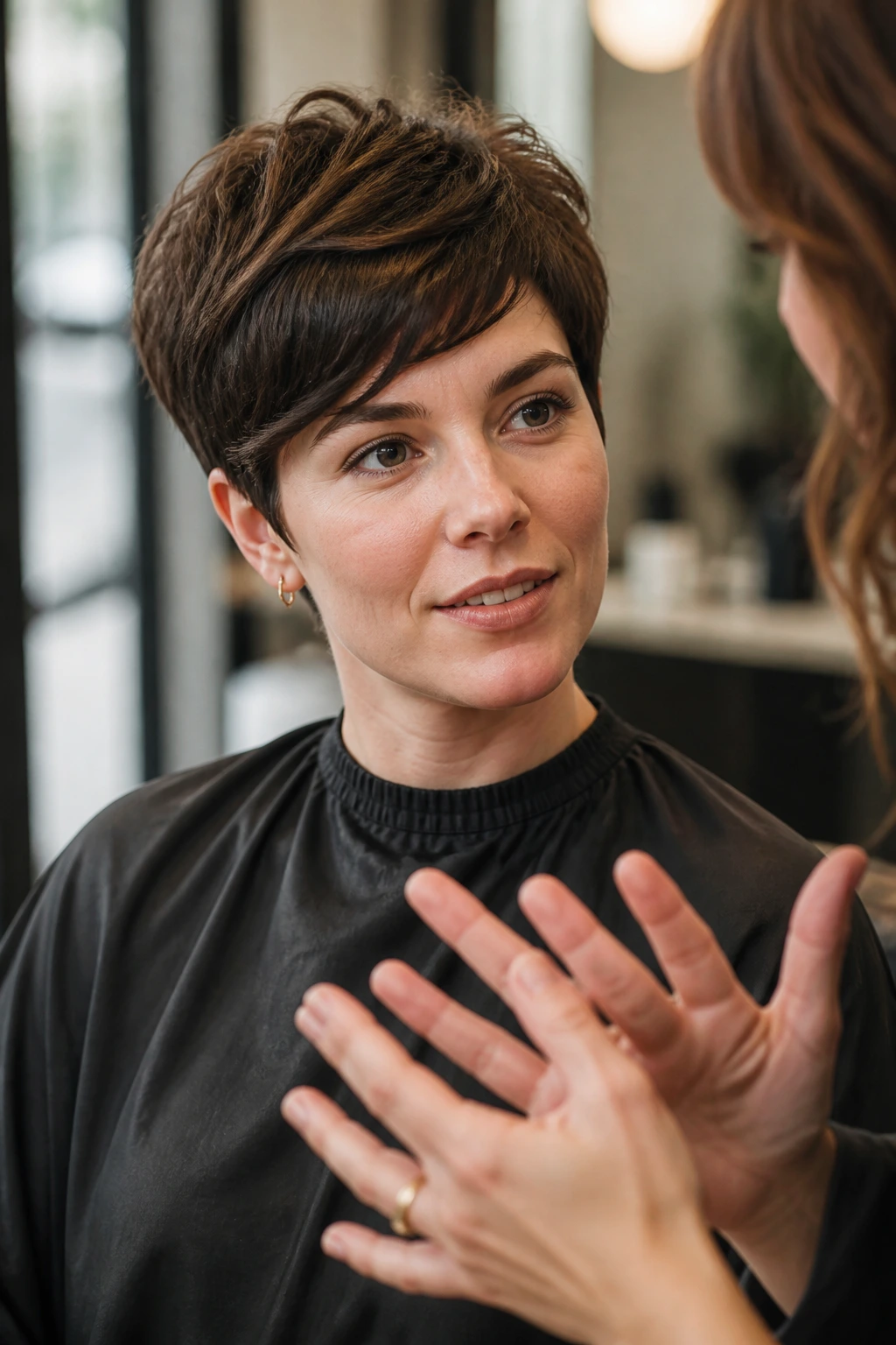 Close-up of a woman in a salon consultation about haircut shape, warm window light.
