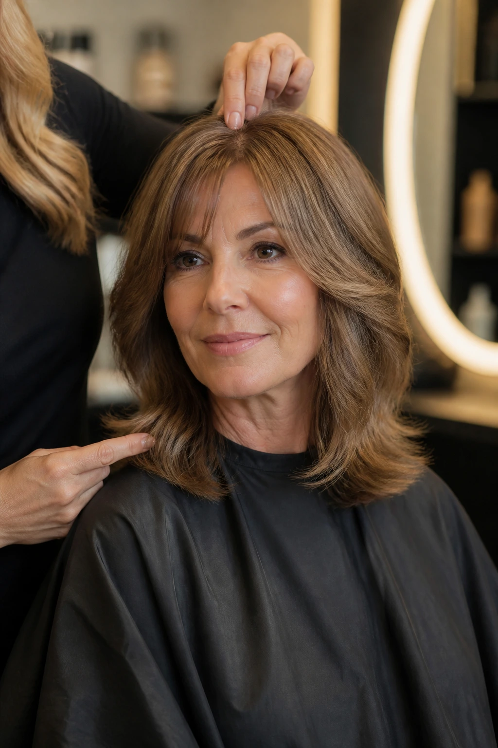 Real woman in a salon chair discussing haircut details for shoulder-length hair.