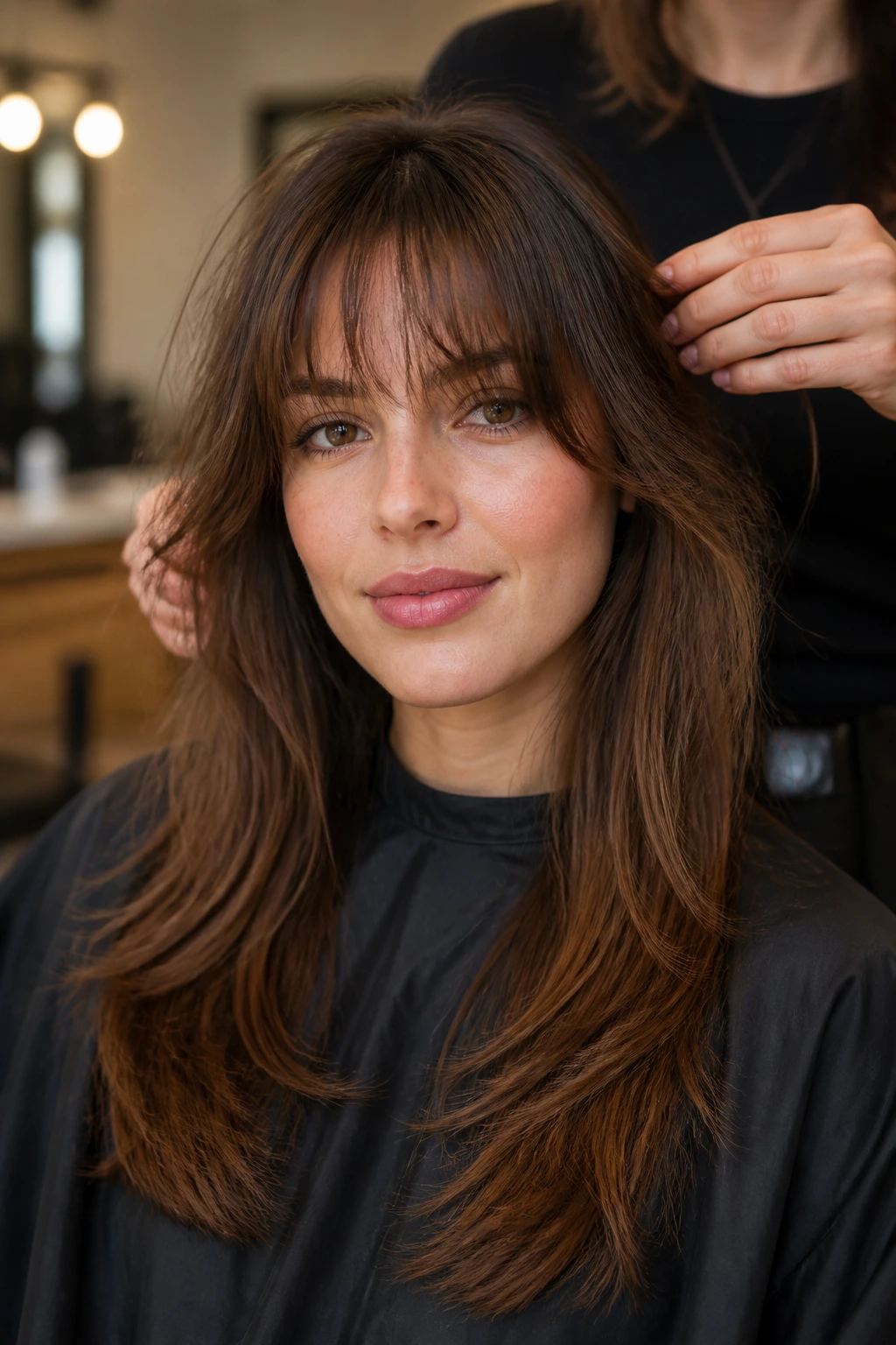 Portrait of a real woman in a salon chair with wispy bangs