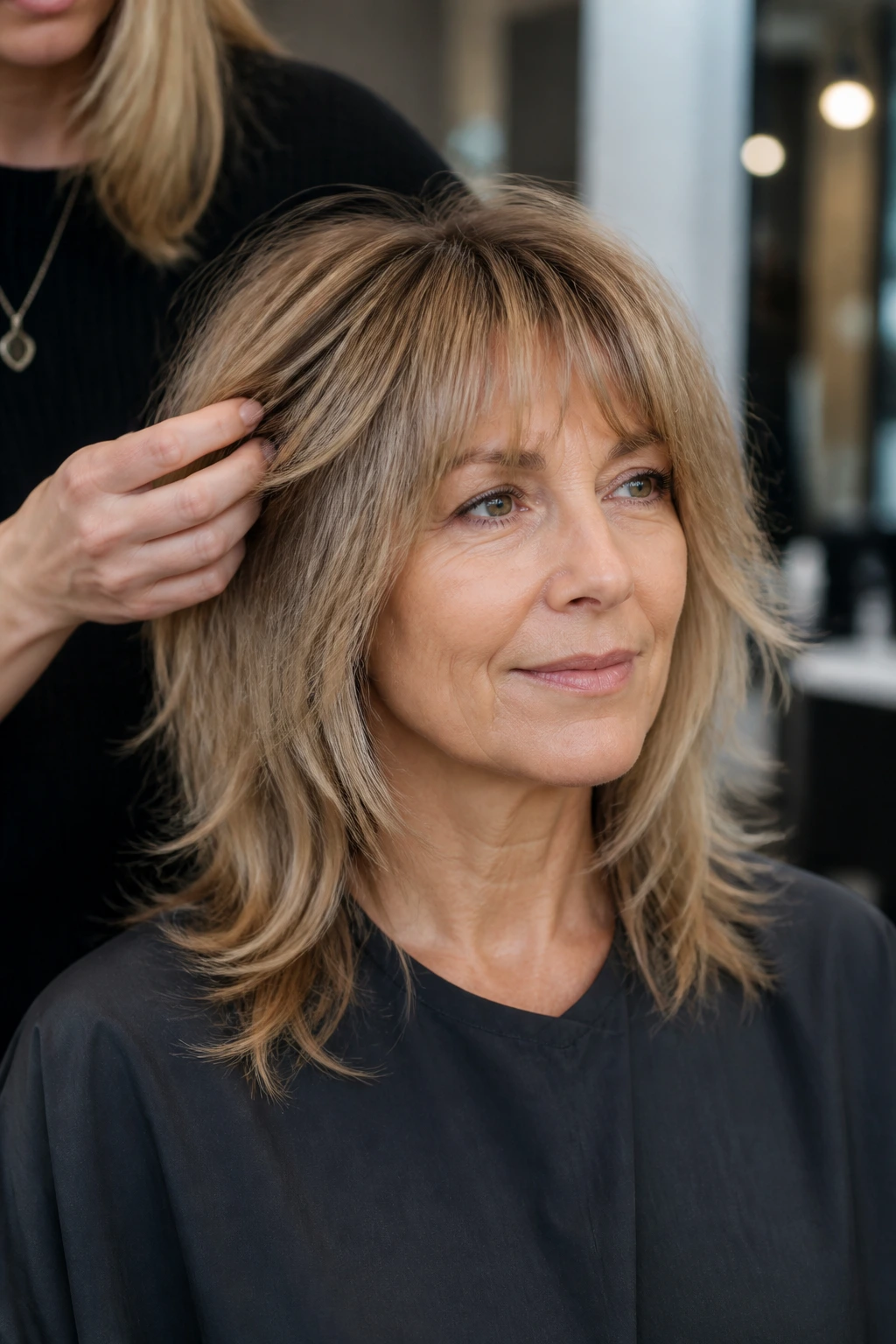 Close-up of client in salon chair discussing a wolf cut with stylist