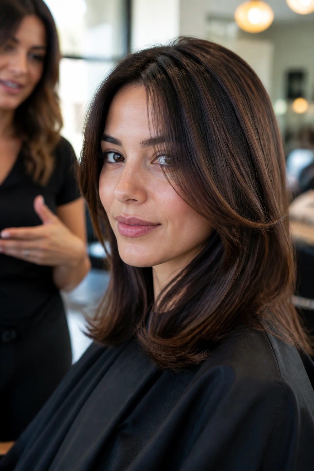 Close-up of a client in a salon chair discussing their curve with a stylist nearby