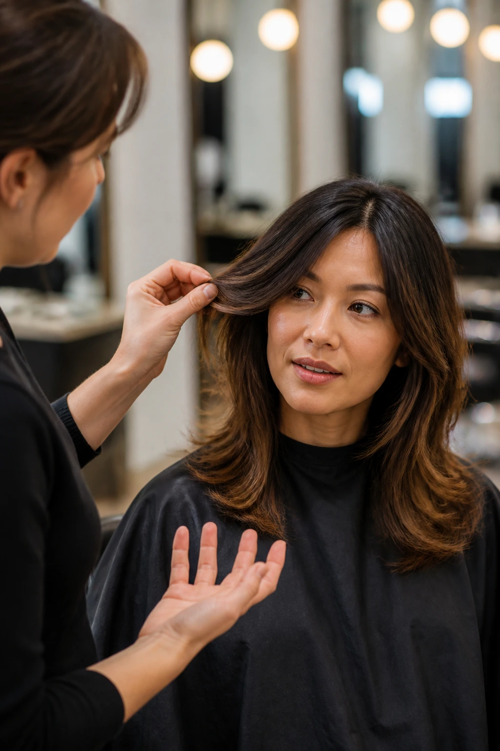 Salon consultation scene discussing feathering and shape