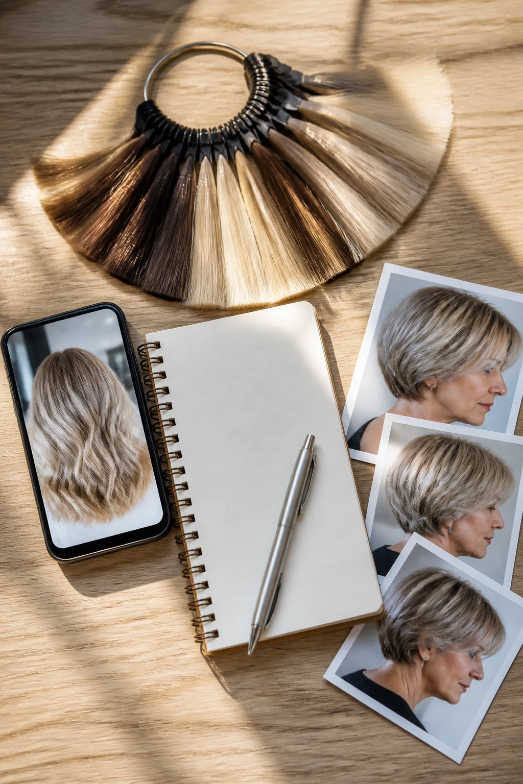 Flat-lay of salon consultation items including swatches, notebook, and phone in daylight