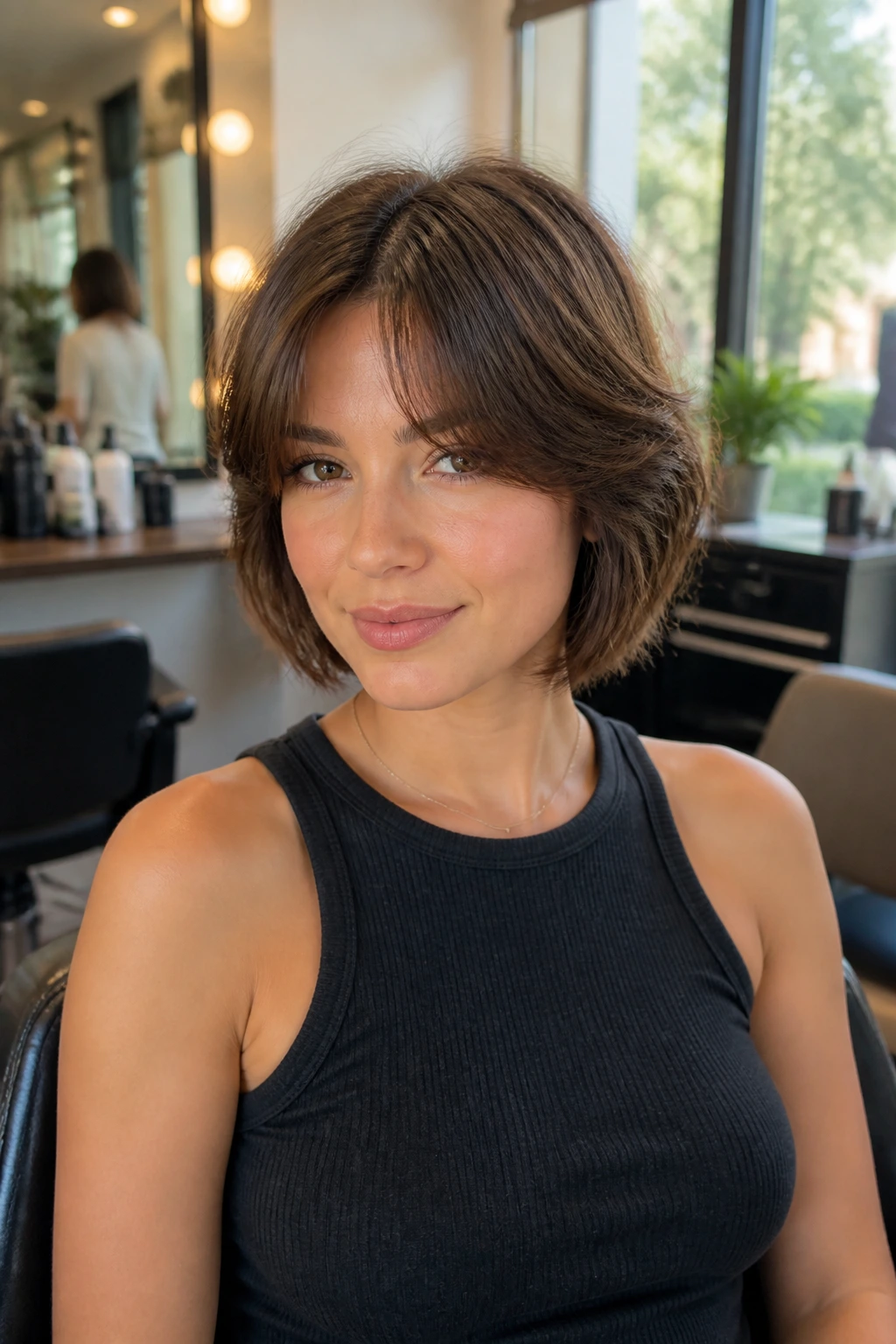 Real client in salon chair showing curtain bangs variation