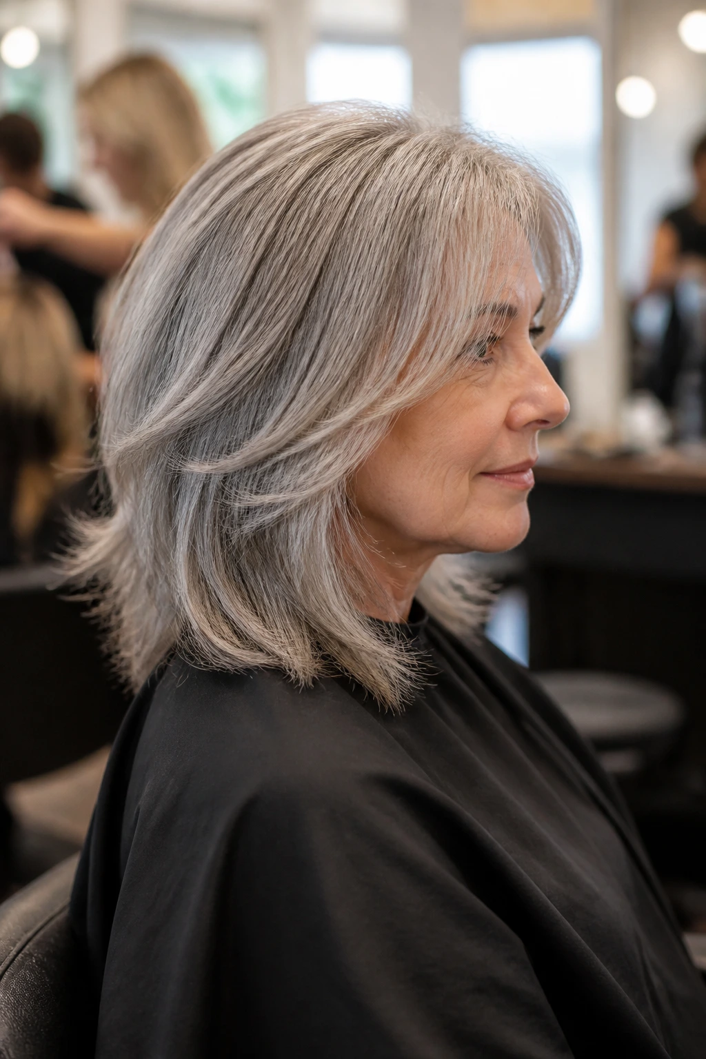 Real person in salon with shoulder-length gray hairstyle showing clean lines and movement.