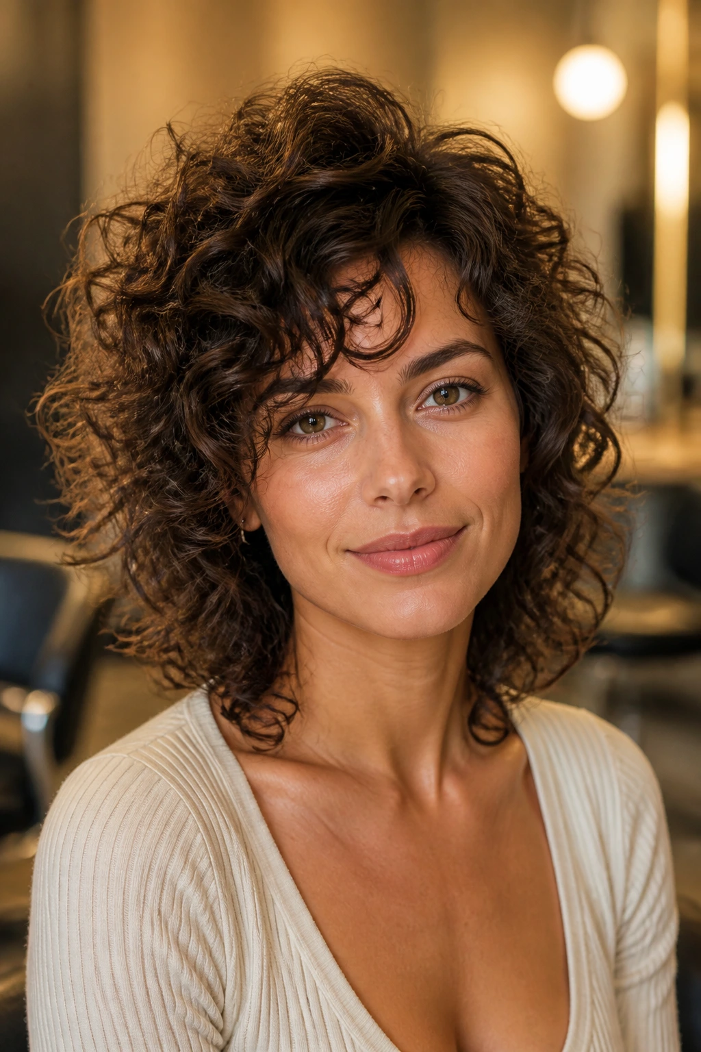 Person in salon with lifted crown haircut showing well-defined layers