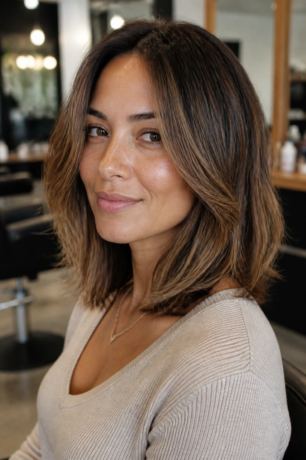 Close-up of real person with medium-length hair at collarbone in a real salon setting