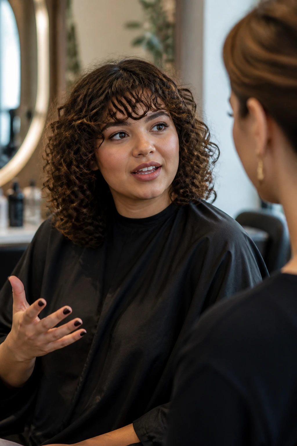 Close-up portrait of a real woman in a salon discussing a haircut for a round face.
