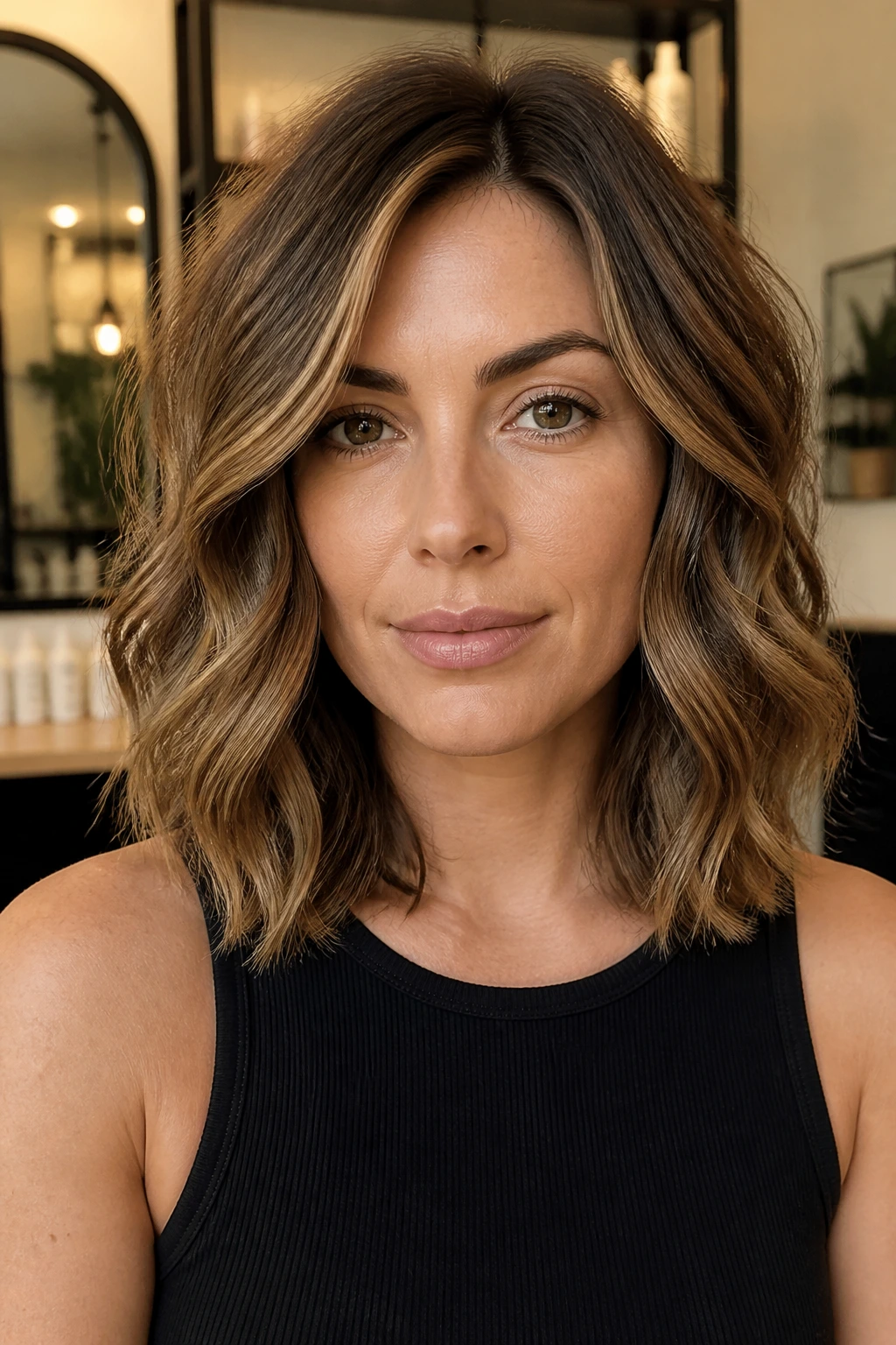 Real client in a salon chair with soft, shoulder-length waves and gentle texture