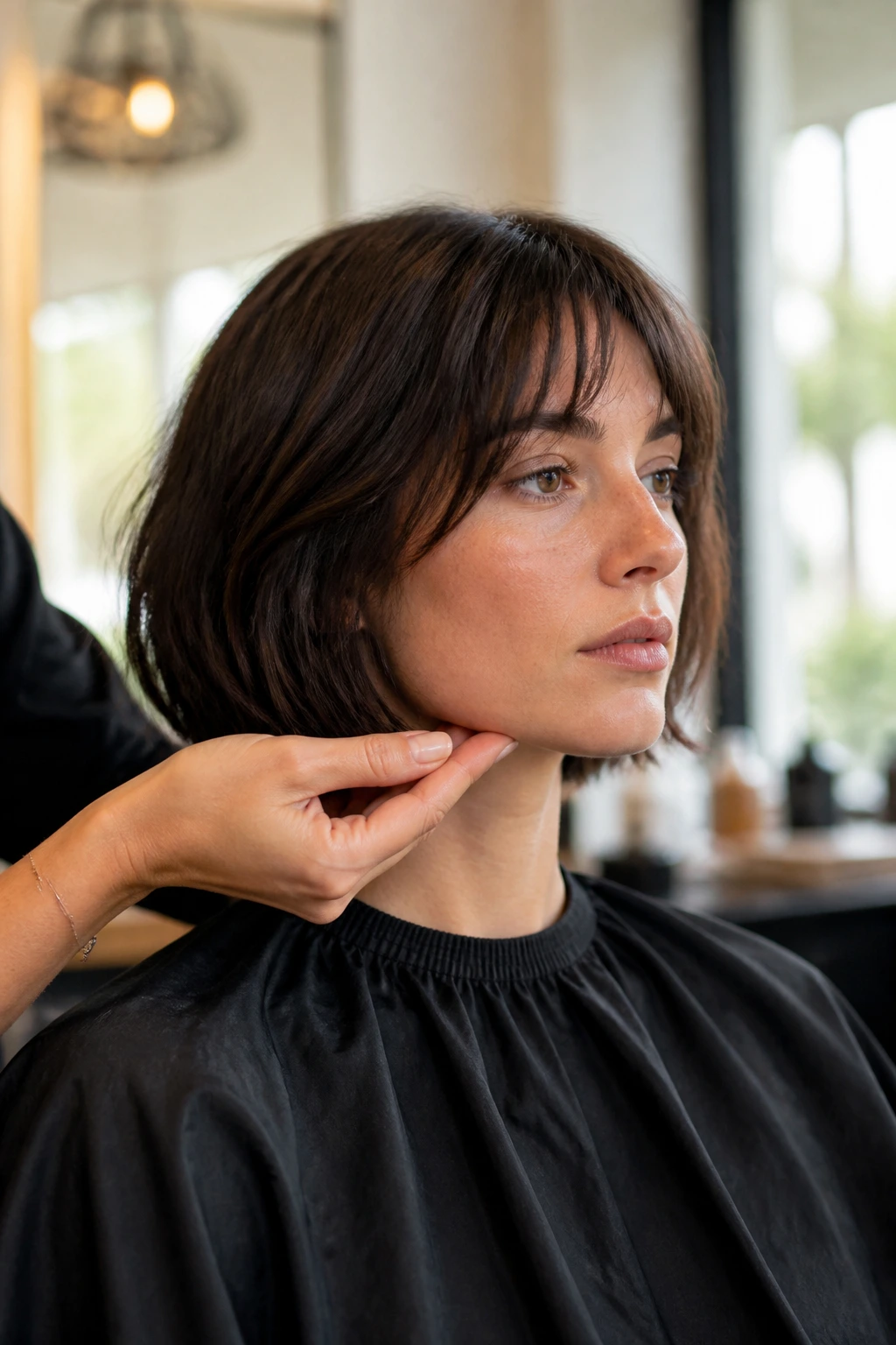 Portrait of client in salon chair focusing on chin-length hair length