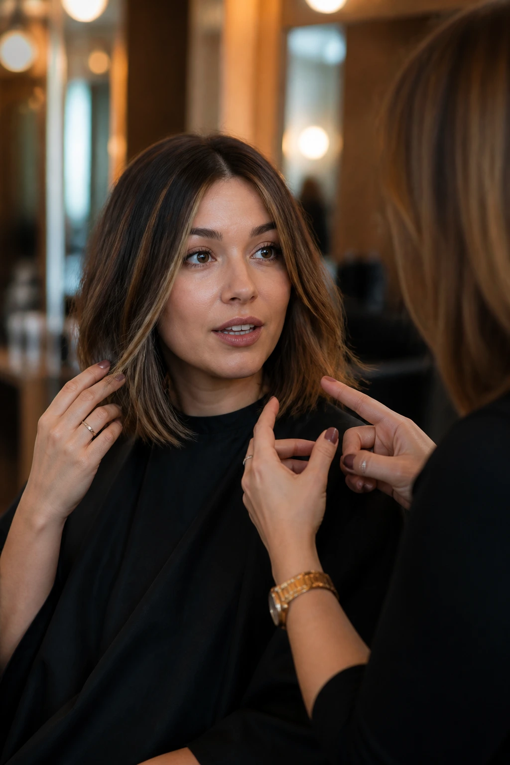 Close-up of a real client and stylist in a salon discussing lob length and front fall
