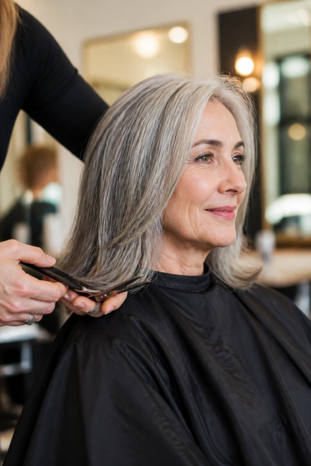 Close-up of a gray-haired woman in a salon chair during a trim