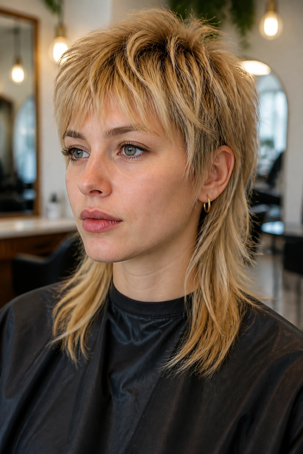 Real person in a salon chair with a clearly defined mullet hairstyle