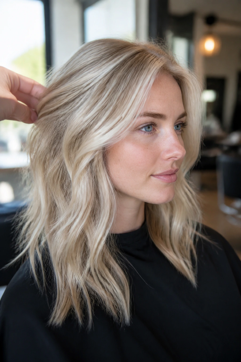 Portrait of a client in a salon chair with cool blonde hair.