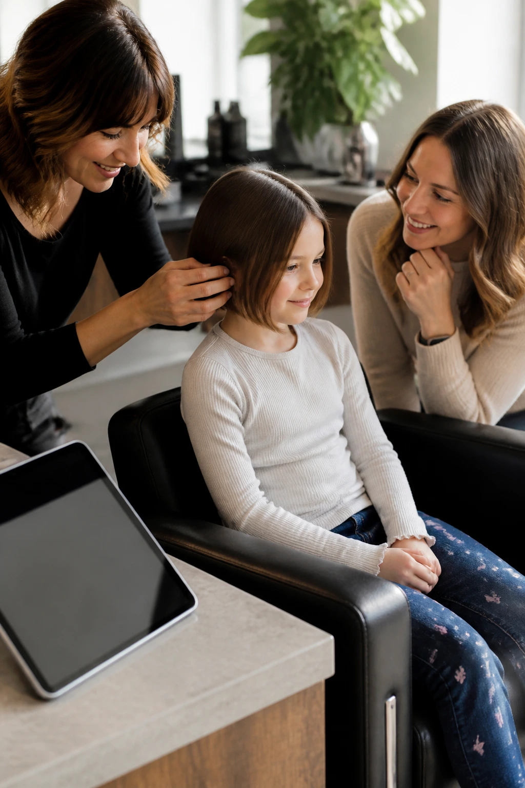 Child in salon chair with stylist, notes on a tablet, warm salon lighting