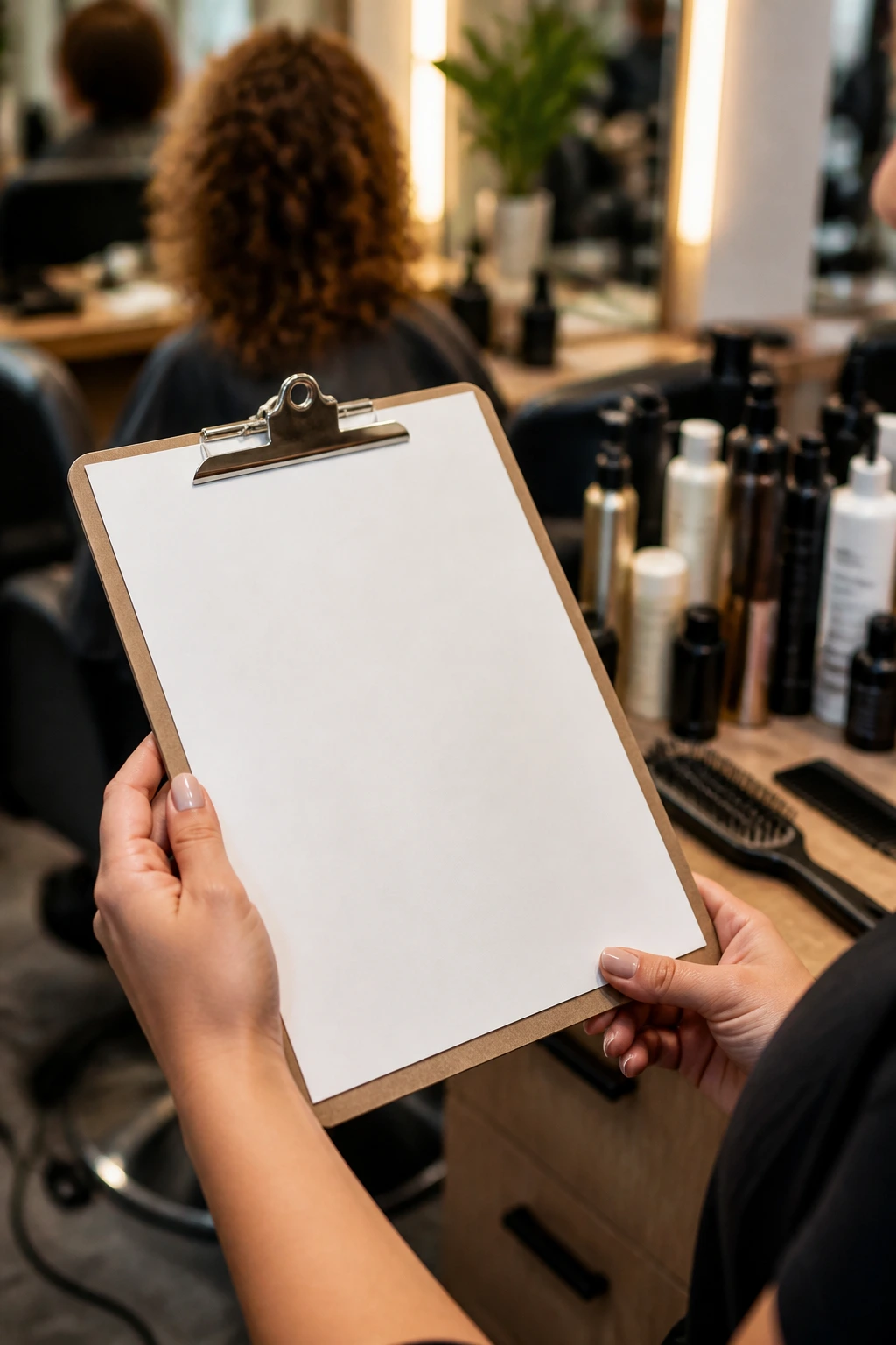 Hands holding blank clipboard at salon station with no visible writing