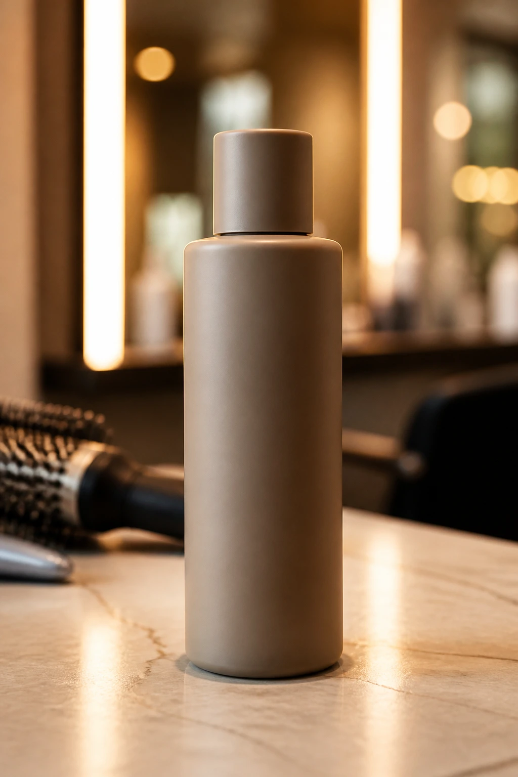 Close-up of an unlabeled product bottle in a salon
