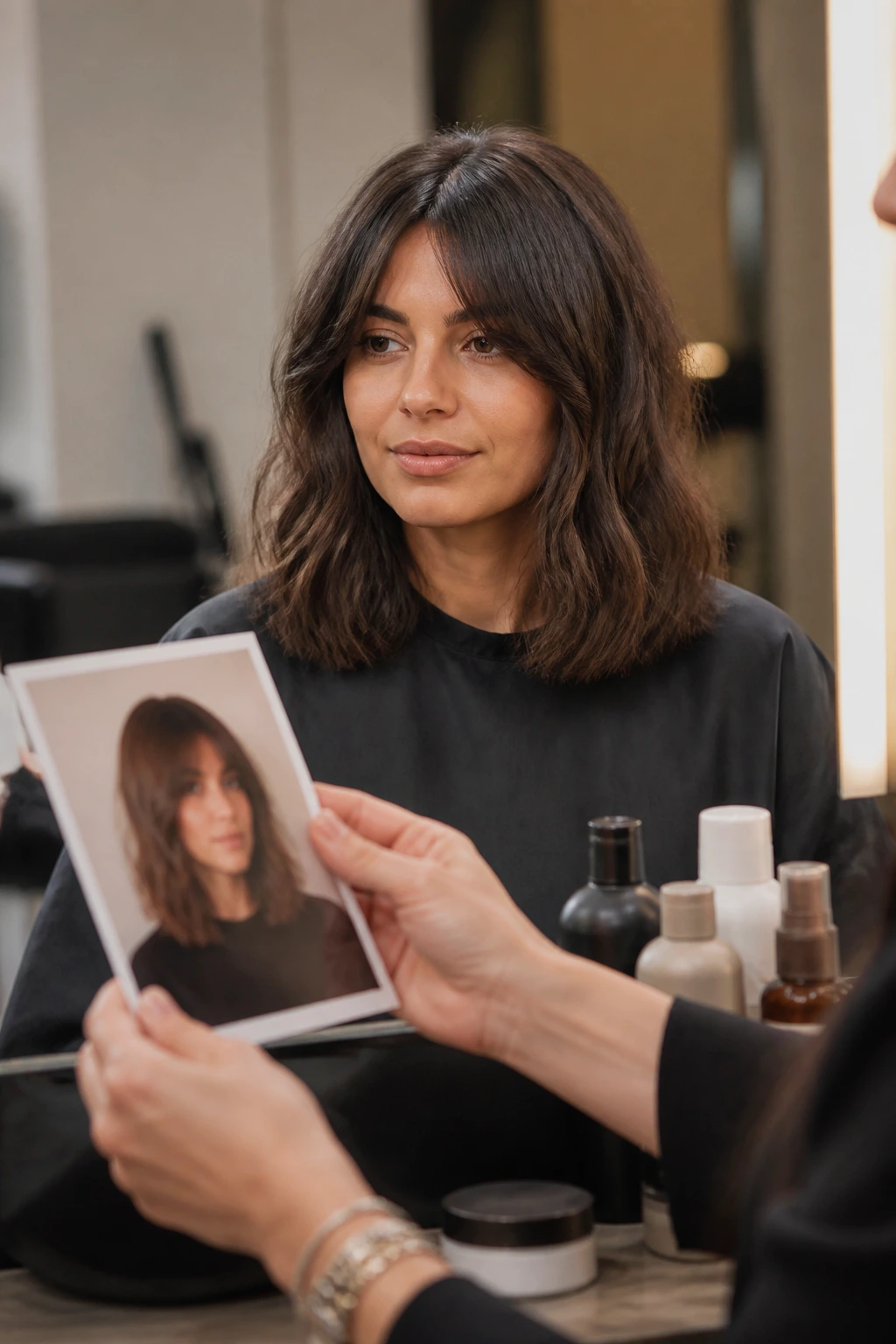 In-salon scene with haircut on real client and styling products
