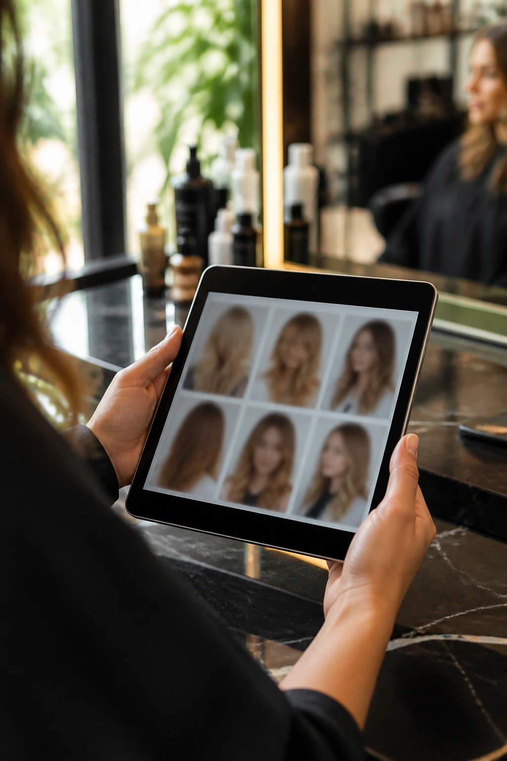 Hands holding a tablet with blurred salon reference photos at a station.
