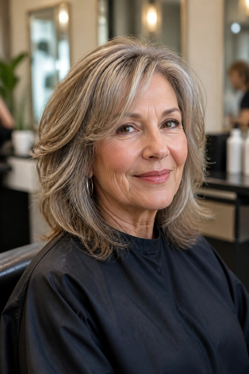 Woman in a salon chair with visible hair length and texture.