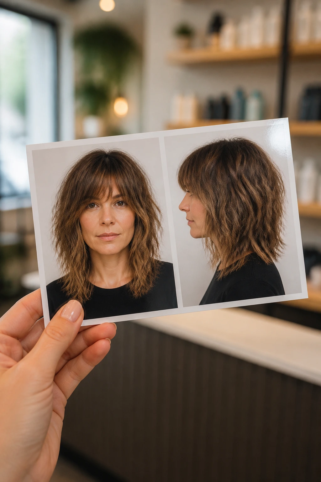 Close-up of a printed photo showing a shag silhouette held by a person's hand in a salon setting.