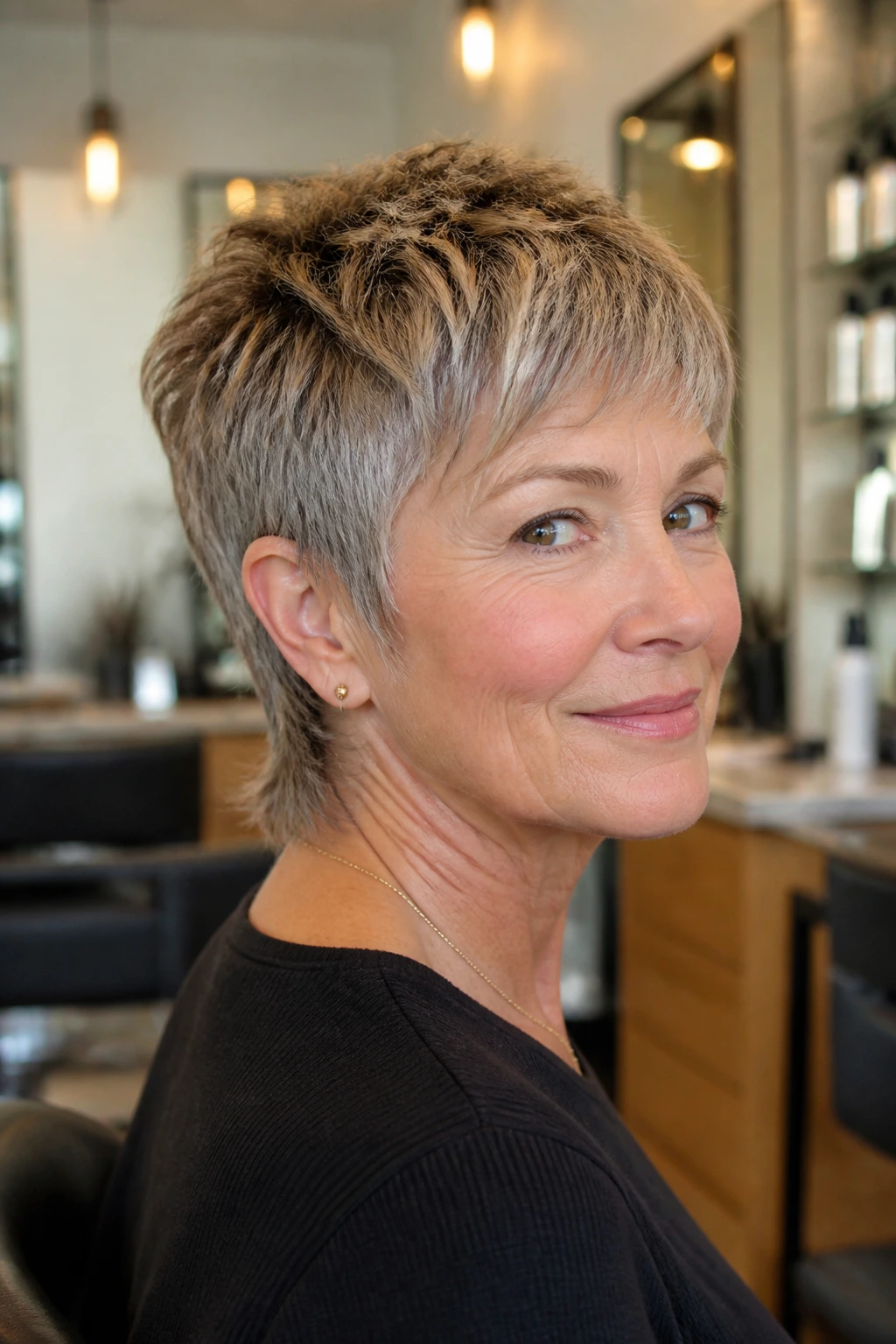 Woman at salon chair showing tapered nape and textured crown of pixie mullet