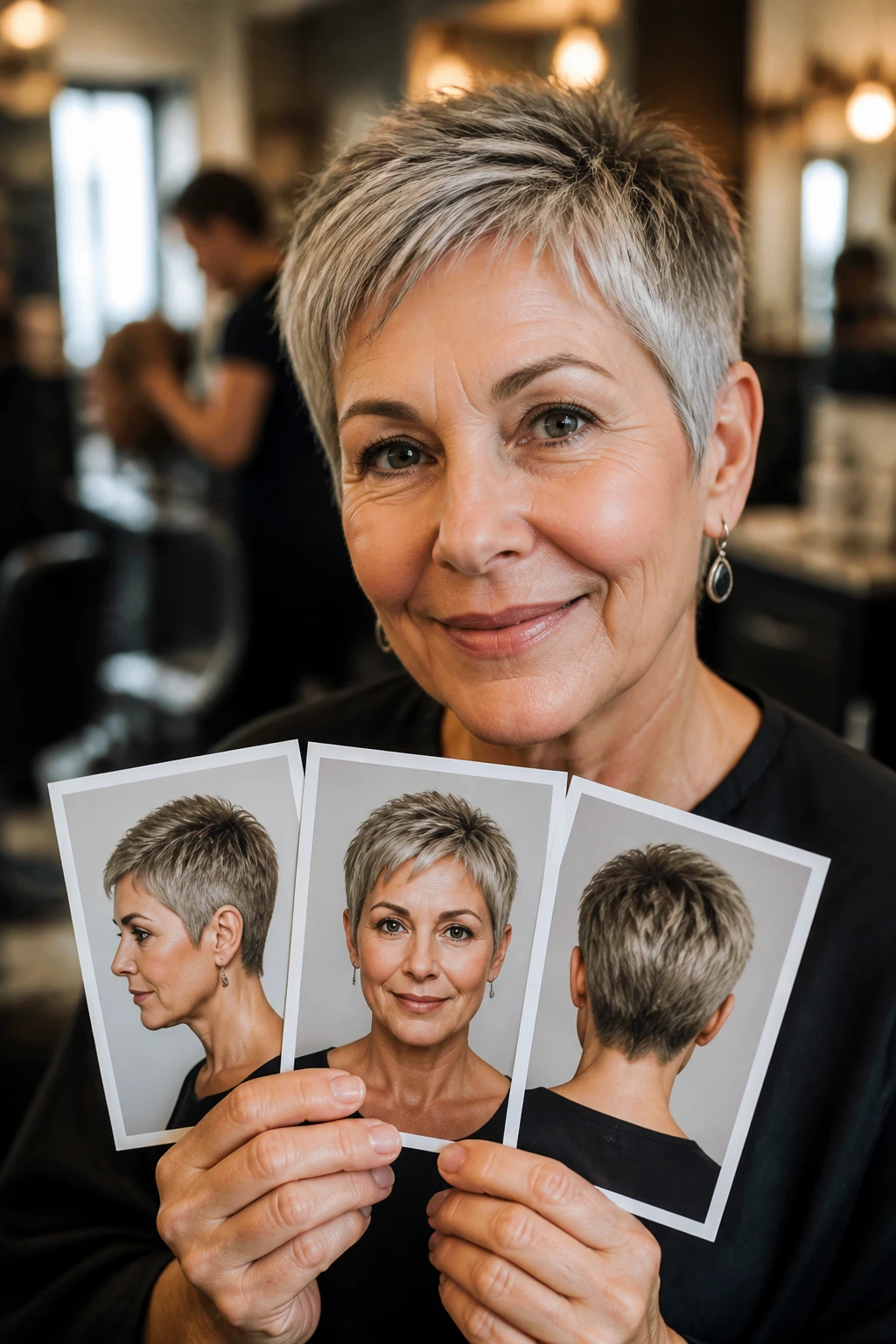 Portrait of a woman in a salon planning a pixie cut with reference photos