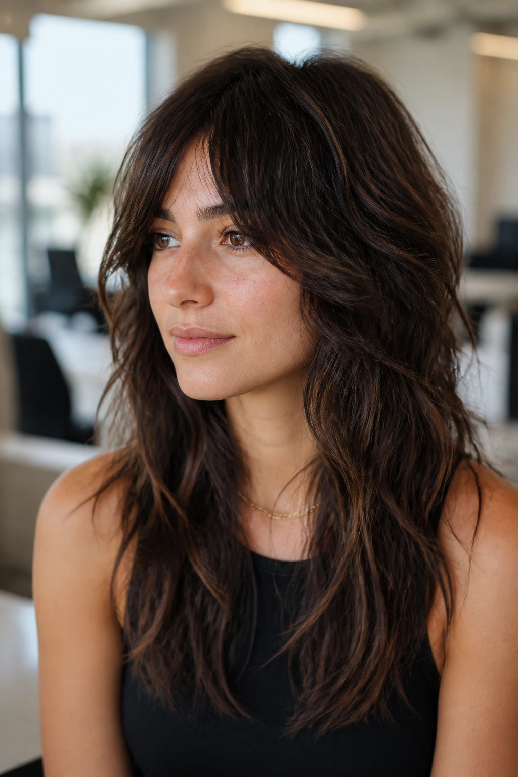 Close-up portrait of a real woman with Salon-Polished Wolf Shag in a bright office