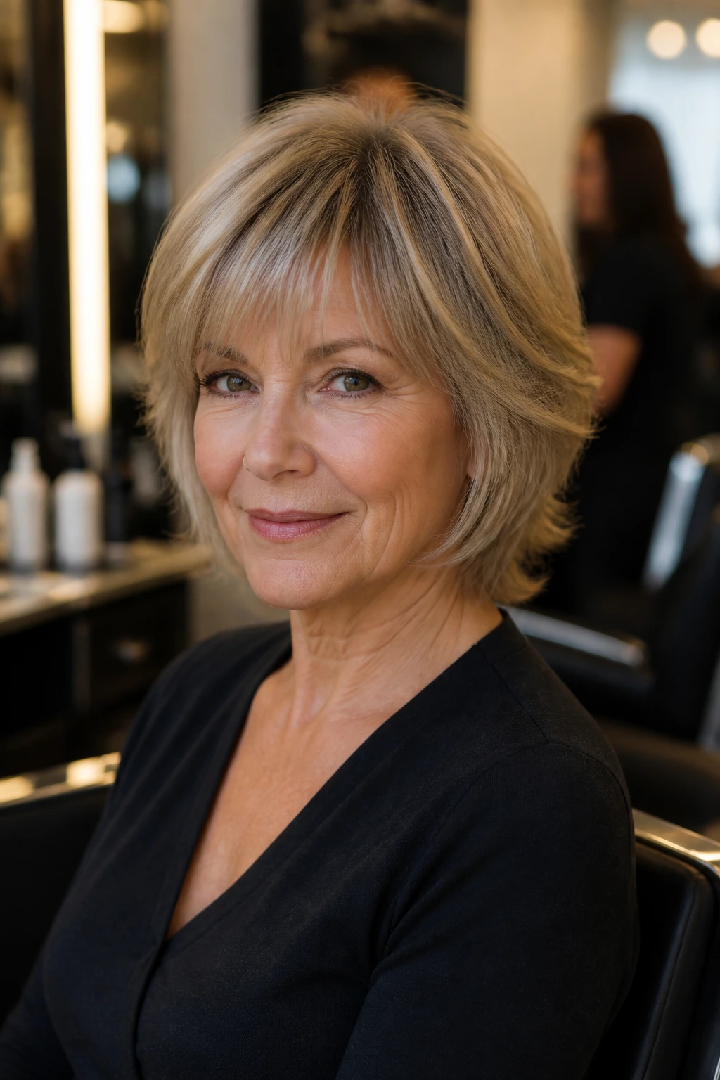 Portrait of a mature woman with a modern layered haircut in a salon chair