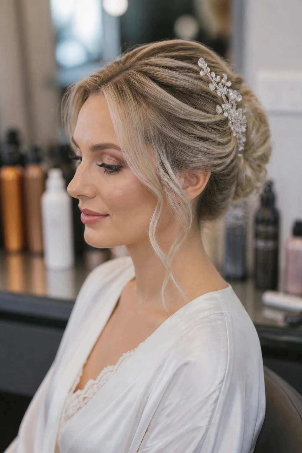 Bride in salon chair with hair prepped and products blurred in the background