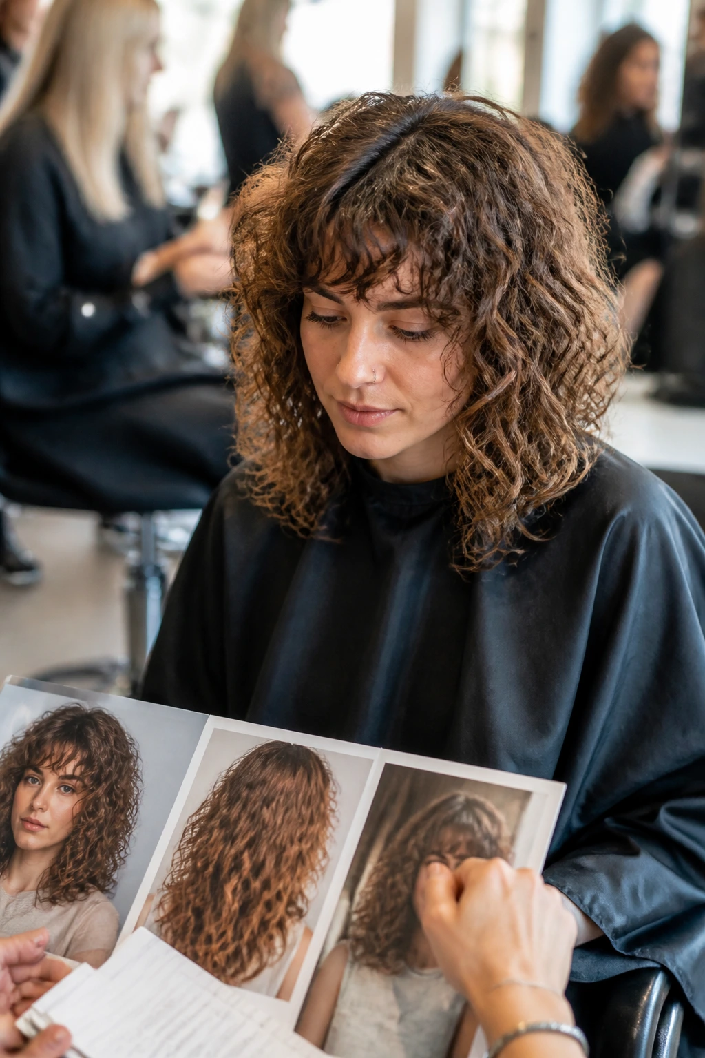 Portrait of a person in a salon chair with reference photos for their haircut.