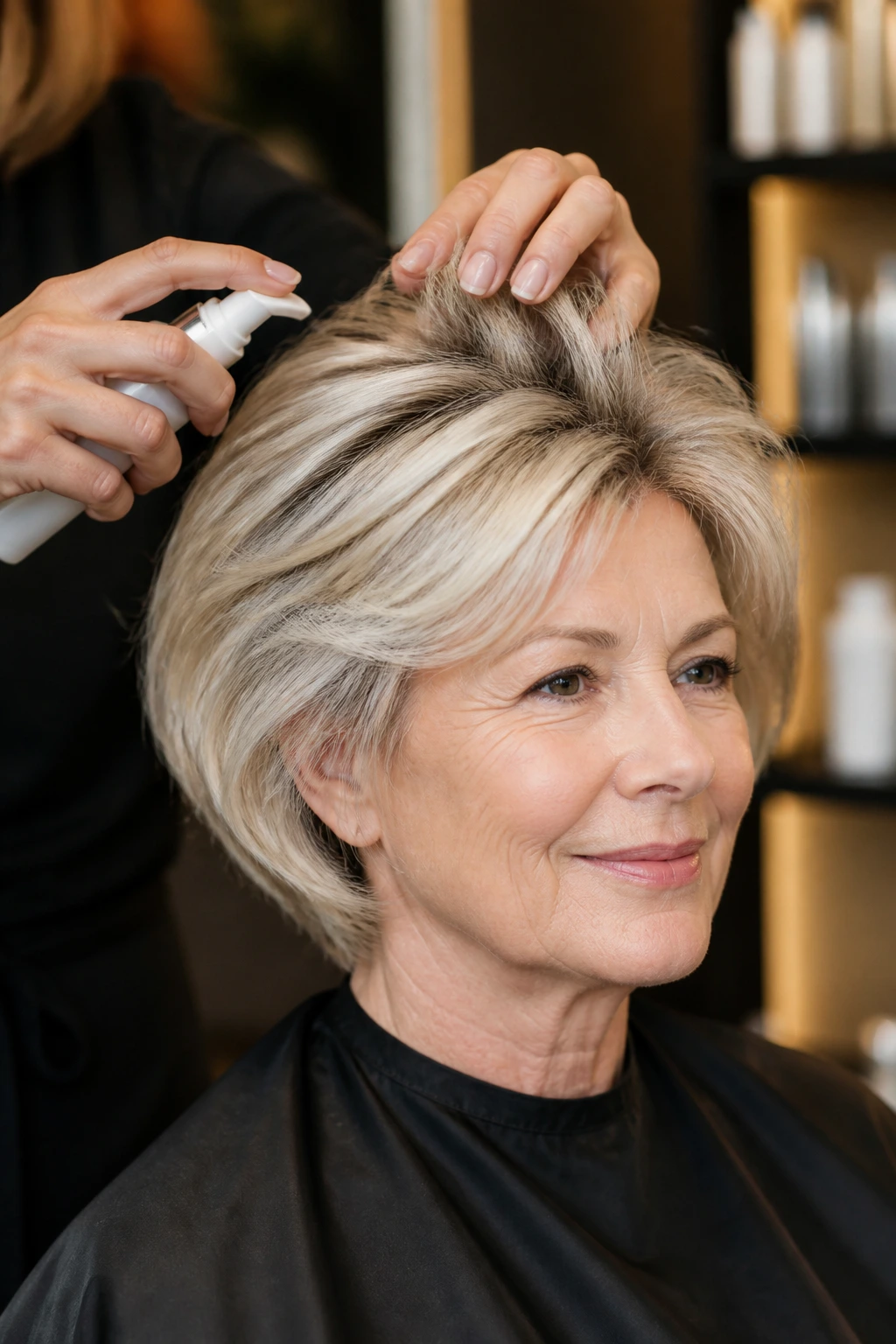 Salon scene with product being applied to crown