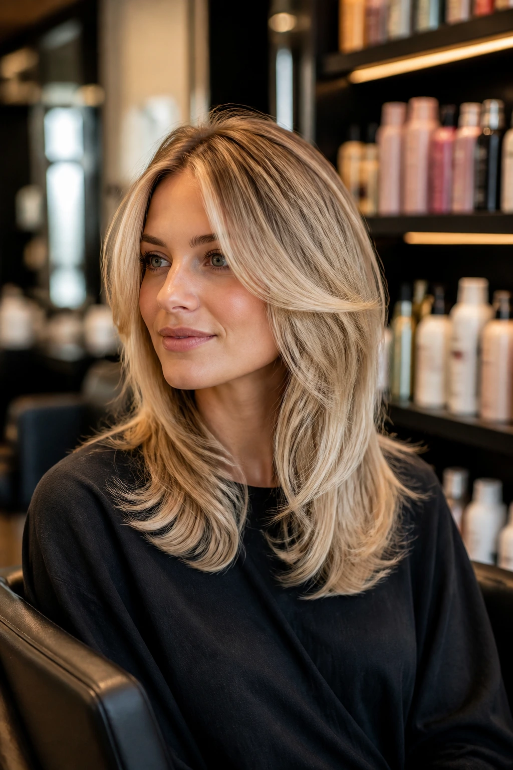 Portrait of a real woman in a salon chair with hair styled and product shelves blurred in the background