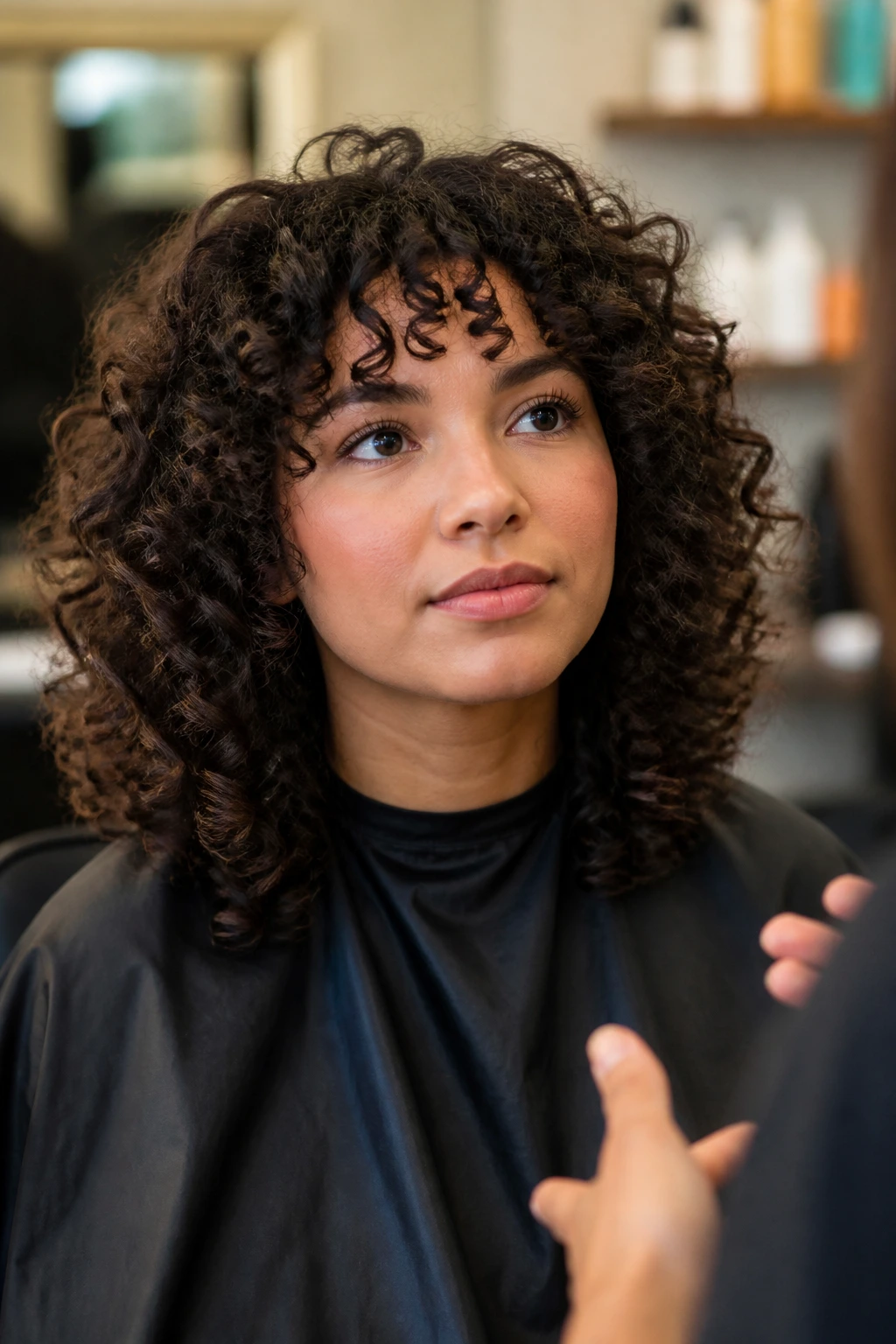 Portrait of client in salon chair contemplating haircut options