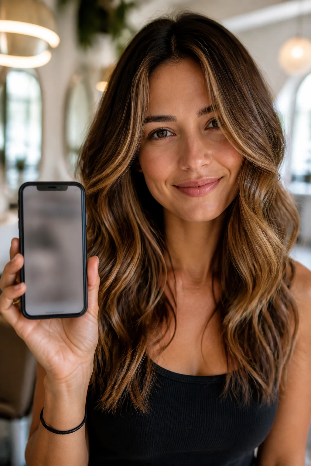 Person in a bright space holding a smartphone, hair styled to show color intent without readable screen text.
